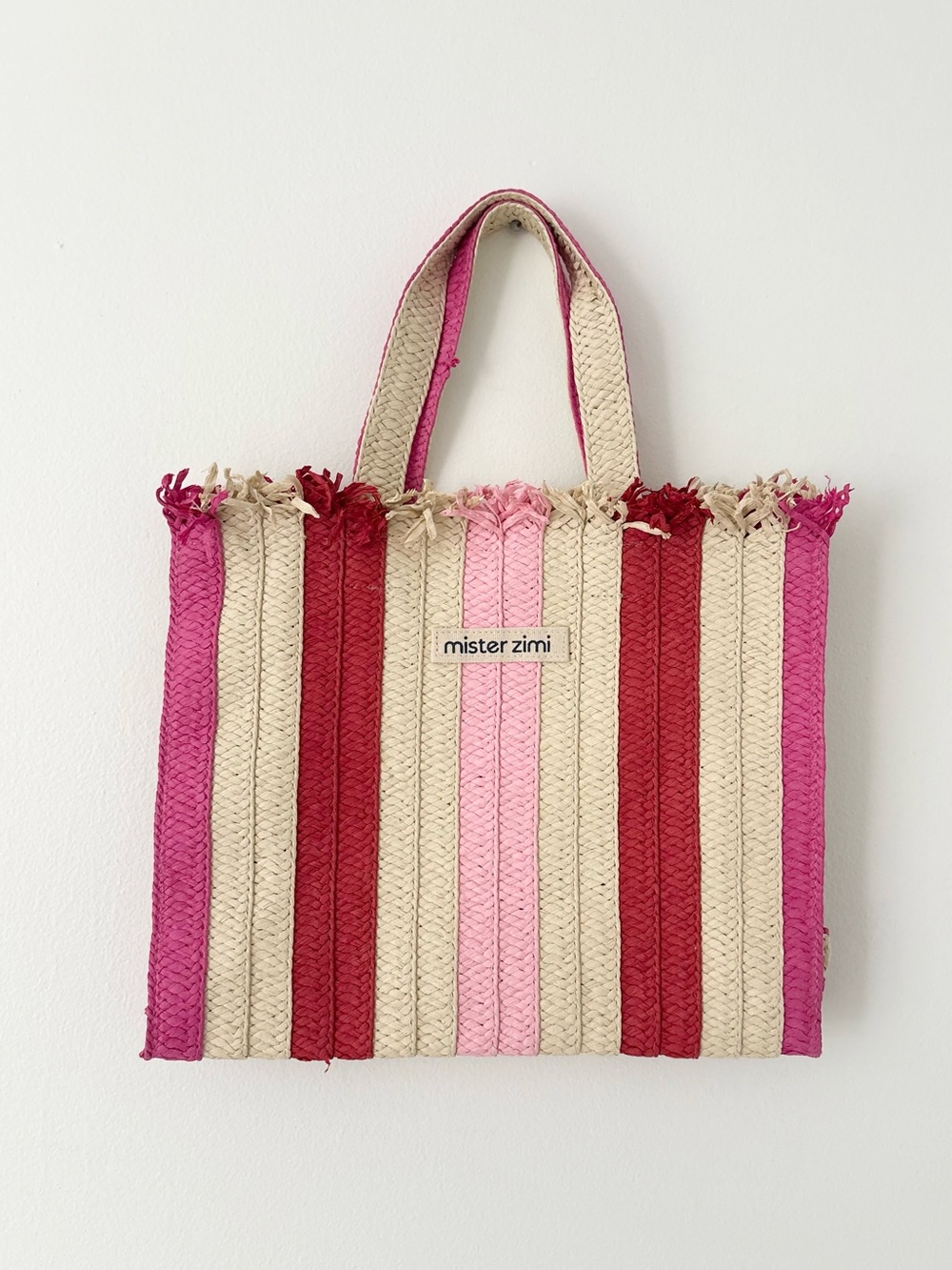 Mister Zimi NEW Pink Red Straw Striped Summer Tote Bag In Sorbet - Picture 3 of 7